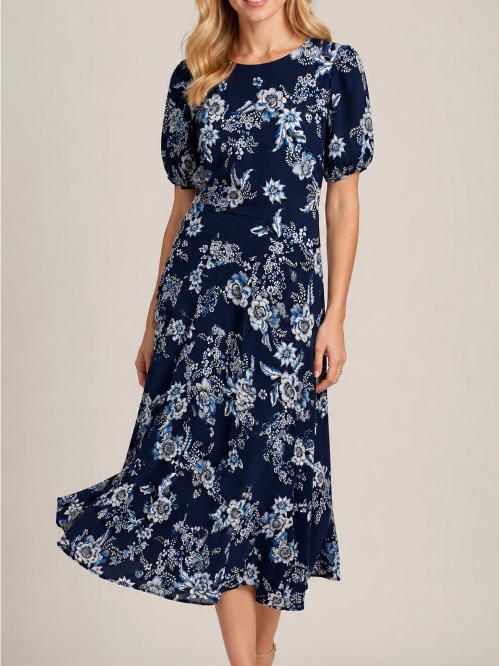 Elie Tahari Wedding Guest Navy Floral Satin Midi Dress NWT Size 2